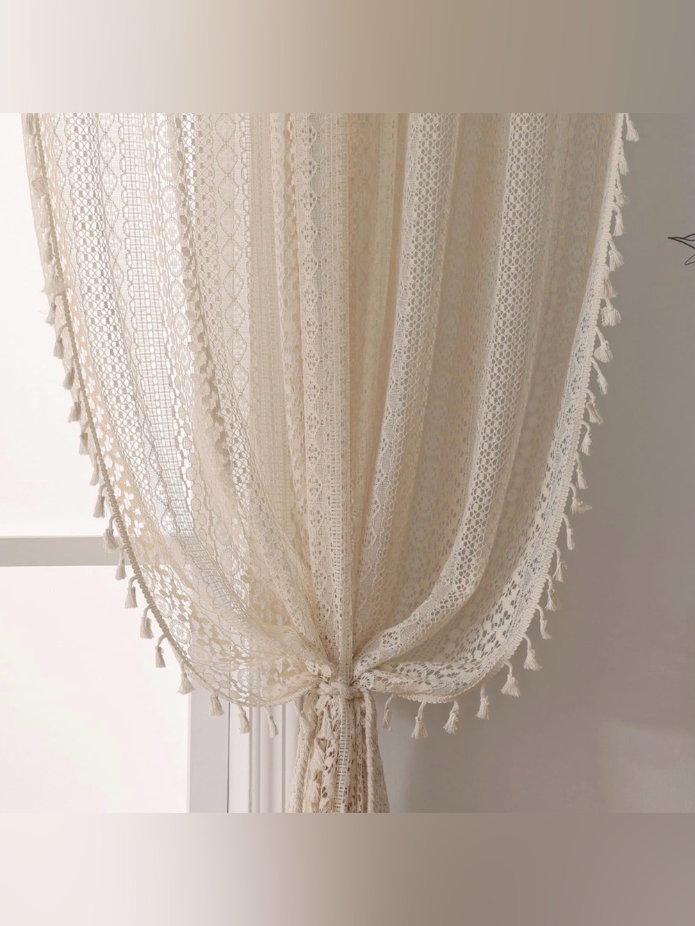 Lace Curtains 45 Inches 2 Panel, Tassel & Geometry Crochet Semi Sheer